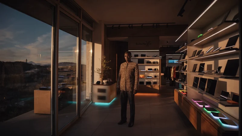 Intérieur d'une boutique d'électronique au crépuscule, étagères éclairées, vue large illustrative