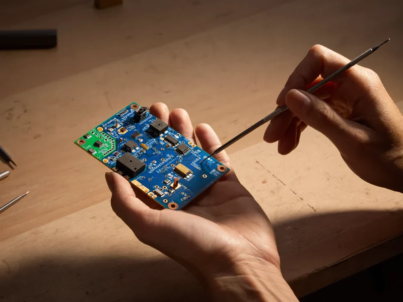 Gros plan de mains tenant une petite carte électronique avec un tournevis de précision