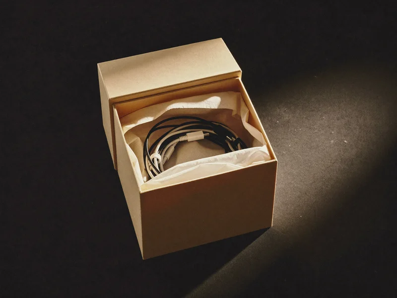 Boîte-cadeau ouverte avec papier de soie neutre et câbles, vue de dessus